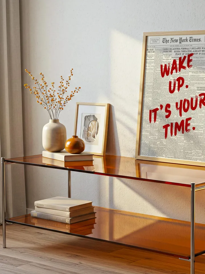 Wake Up Typography Print: Red Brush Lettering, Vintage Newspaper (Digital Download)