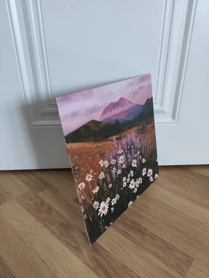 Oil painting landscape with daisies