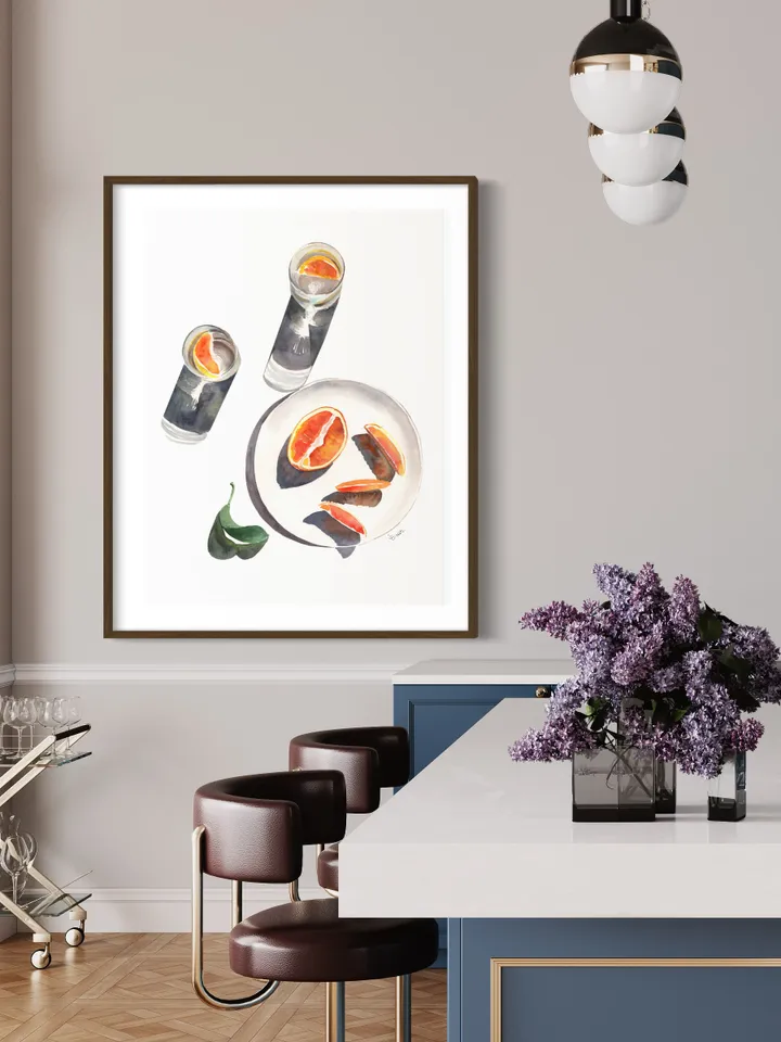 Watercolor Cocktail Orange Wall Art Still Life Print, Watercolor Drink, Modern Food Art, Modern Kitchen Decor, Bar Cart Art,Minimalist Decor