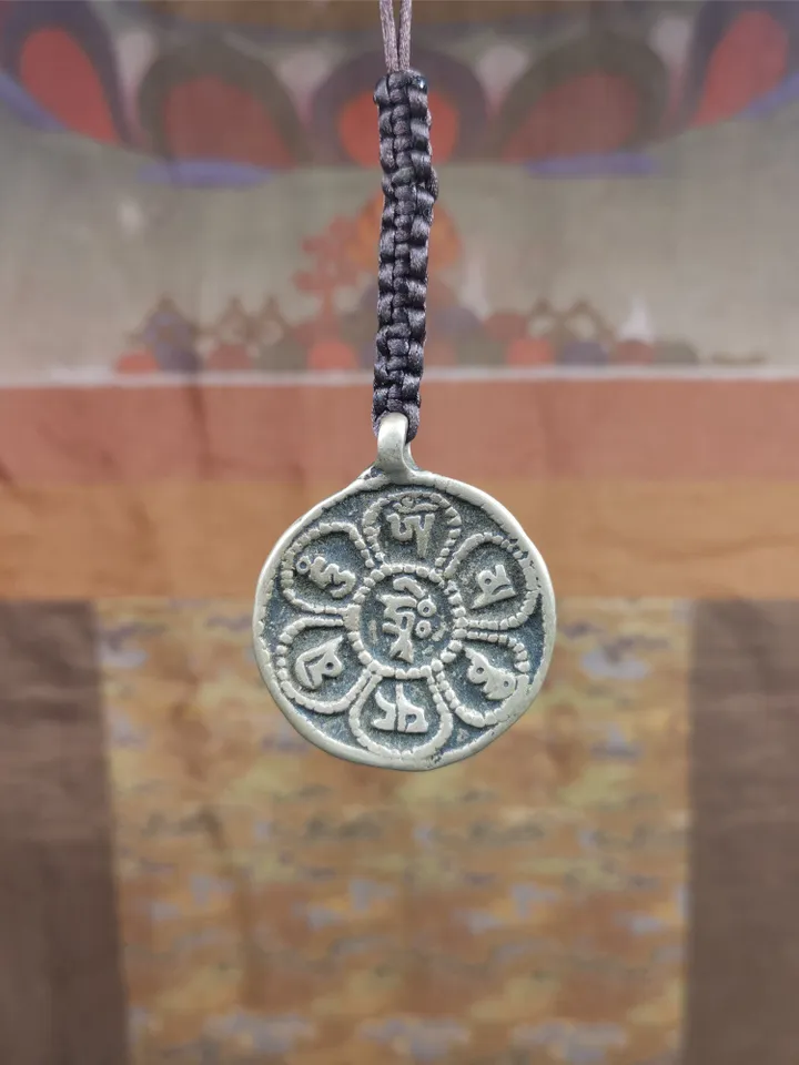 Gandhanra Handmade Tibetan Buddhist Amulet,Om Badge Pendant, Mantra of Om Mani Padme Hum, Made of Brass,1.38&quot;