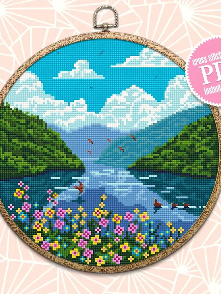 Nature cross stitch pattern download PDF Summer landscape cross stitch Flowers xstitch chart National park digital DIY Home decor nature #L8