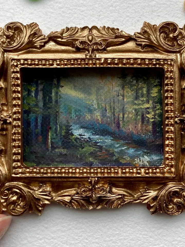 Small Landscape Painting Framed Original Enchanted Forest Painting Antique Misty Art Coastal Gold Frame Tiny Paintings 3 x 4 Art Dark Cottagecore artwork