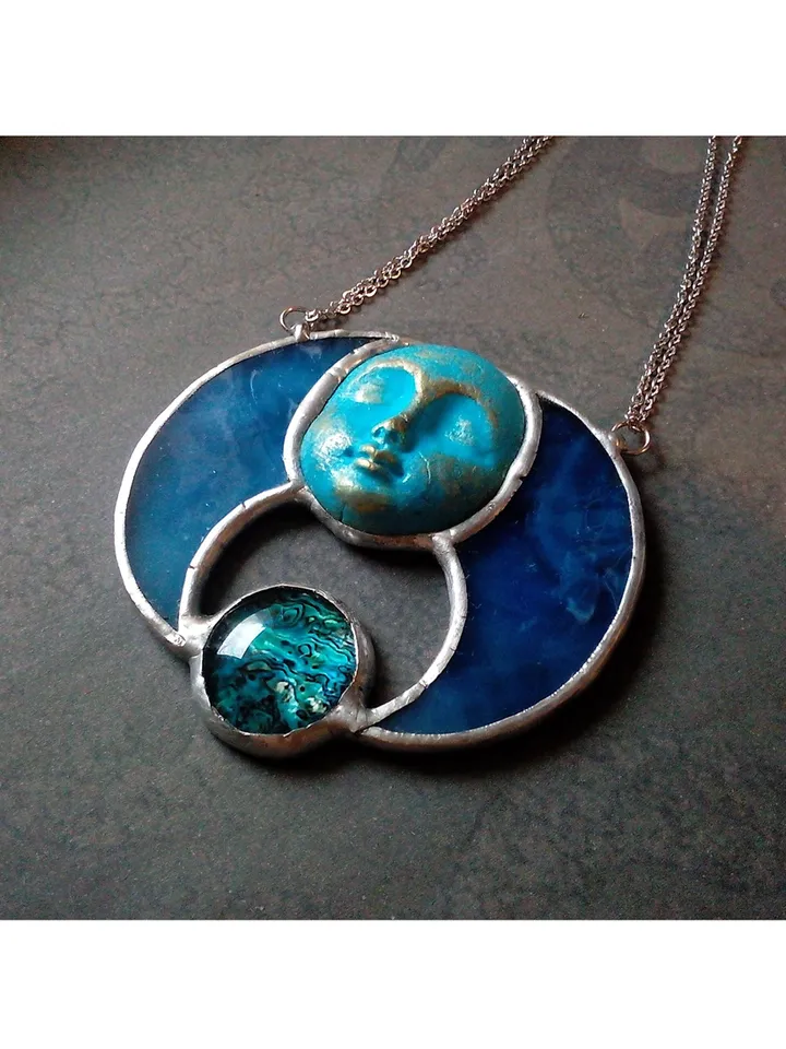 Stained glass blue moon, Moon Goddess, Moon phase necklace, Stainglass crescent, Full moon pendant, Moon face necklace