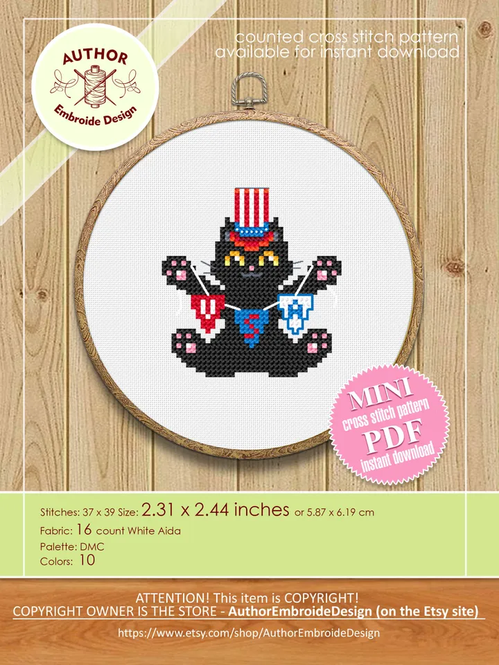 Set patriotic cats cross stitch pattern PDF download Cute black cat embroidery PDF, Independence Day, Funny 4th of july decor, USA flag #T17