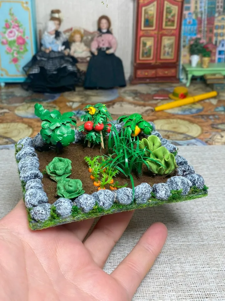 Miniature vegetable bed for a doll garden. Dollhouse miniature. handmade. 1:12