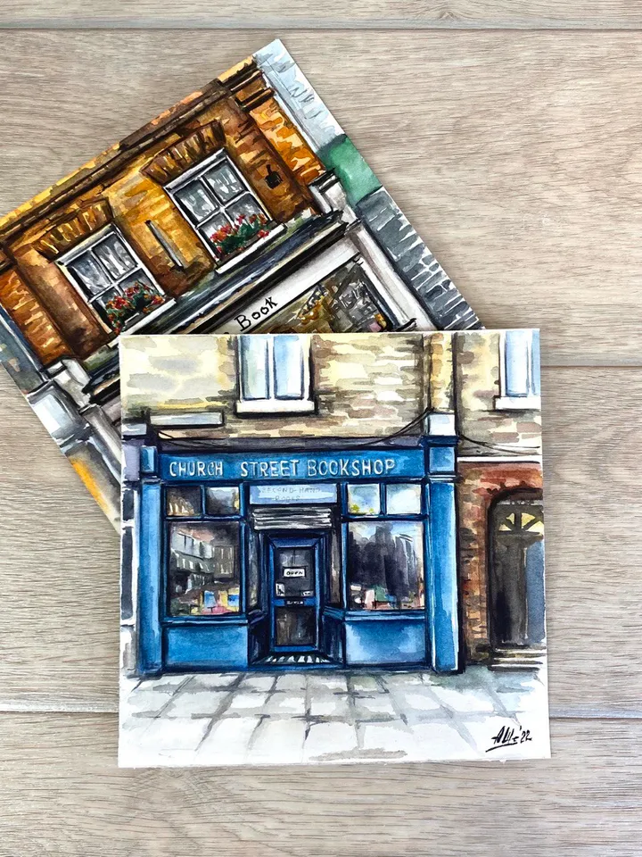 Old bookshop painting Original watercolor painting Cityscape painting House art