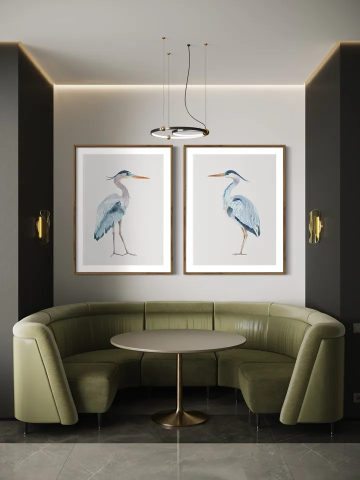 Blue Heron Set Of 2 Watercolor Painting, Bird Lover Gift, Beach House Art, Home Decor Gift, Bathroom Wall Decor, Great Heron Painting Print