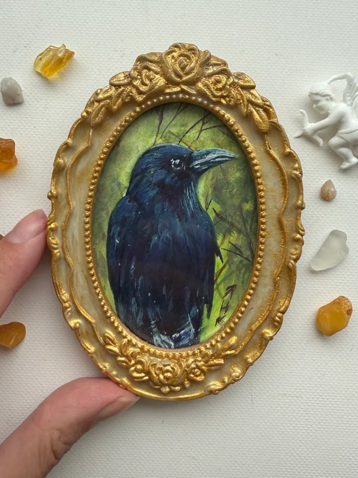 Framed Bird Raven Painting Small Original Witch’s Friend Artwork Crow Art Tiny Oval Painting Bird