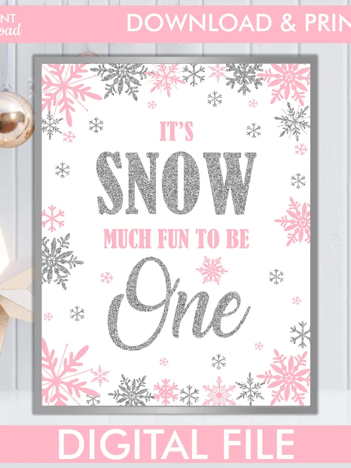 Winter Onederland Signs, Winter Onederland Birthday Girl Decorations, Pink Silver Snowflakes First Birthday Decorations Instant Download