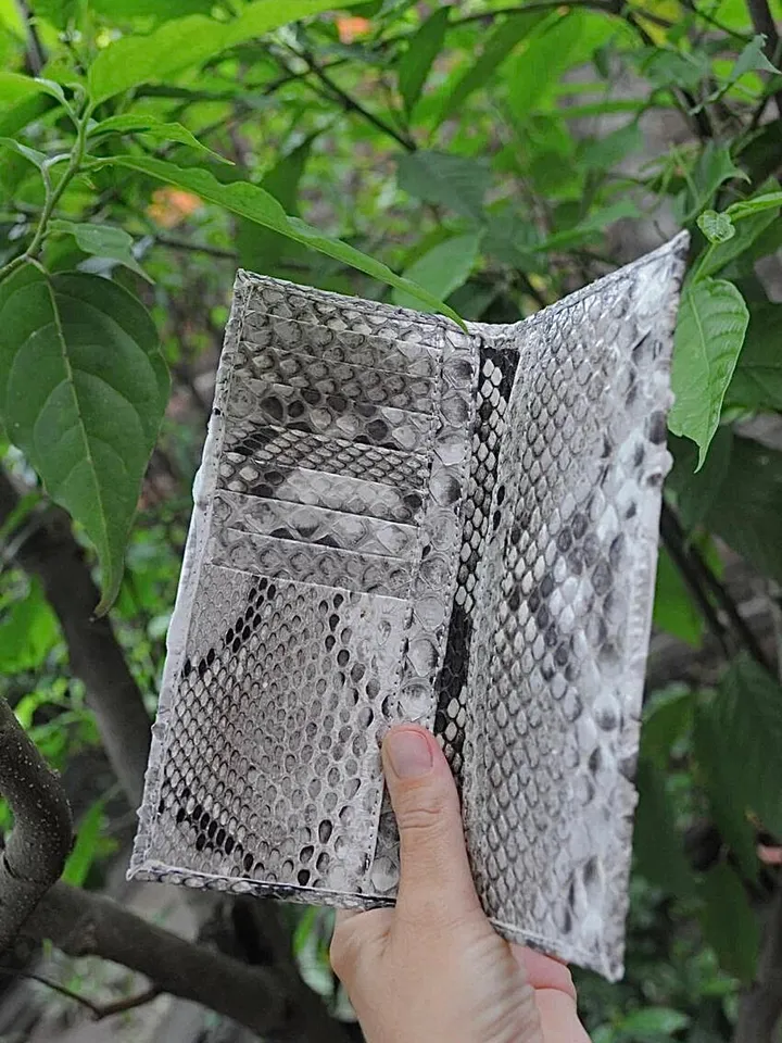 Genuine python skin flat unisex gray uncolored wallet / small money reptile purse / exotic leather snakeprint / cardholder gift idea