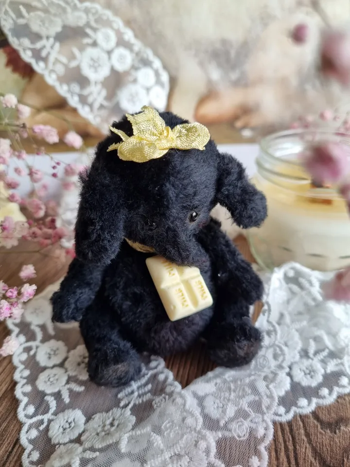 Handmade teddy baby elephant. Plush teddy elephant toy. Artist elephant gift. Black elephant. Present.