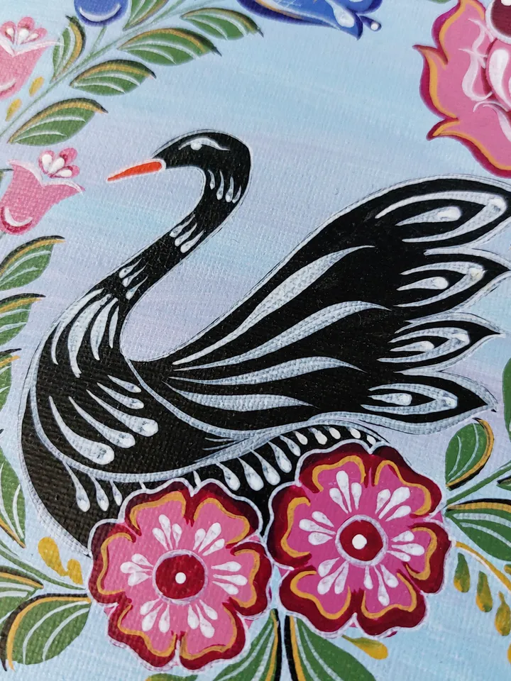 The black swan. Folk art on canvas.