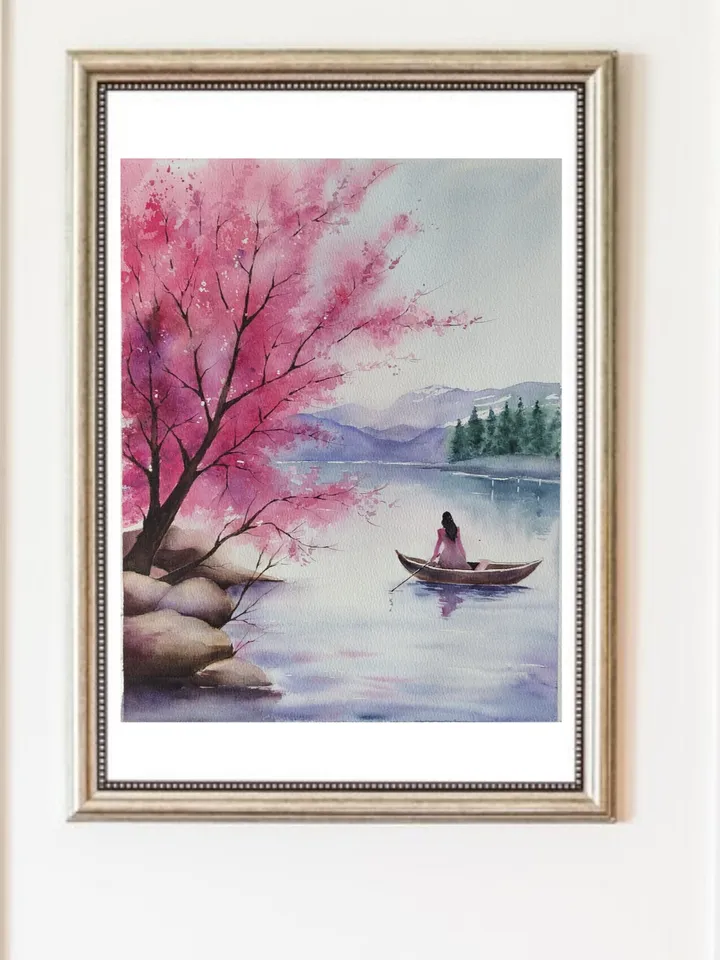 Original Watercolor Painting Japan Landscape Art Sakura Blossoms Artwork 27x39 cm by SoftWaves