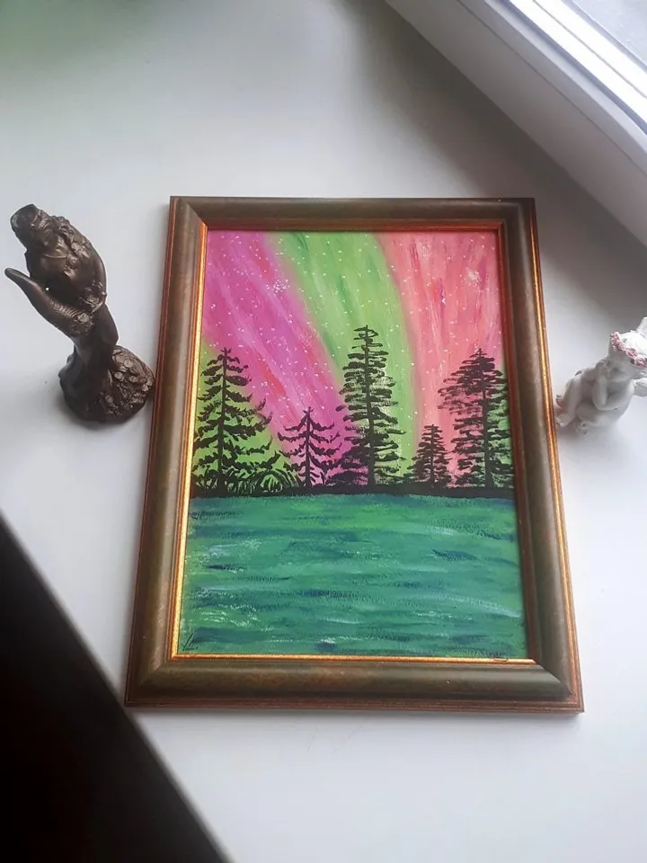 Aurora Borealis Nothern Lights Art, Acrylic on Paper, Nothern Landscape Painting