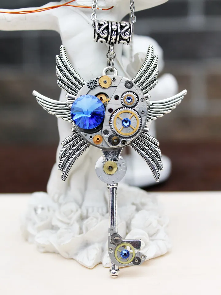 Handmade Unique Steampunk Key Necklace with Swarovski Crystals and Dragonfly
