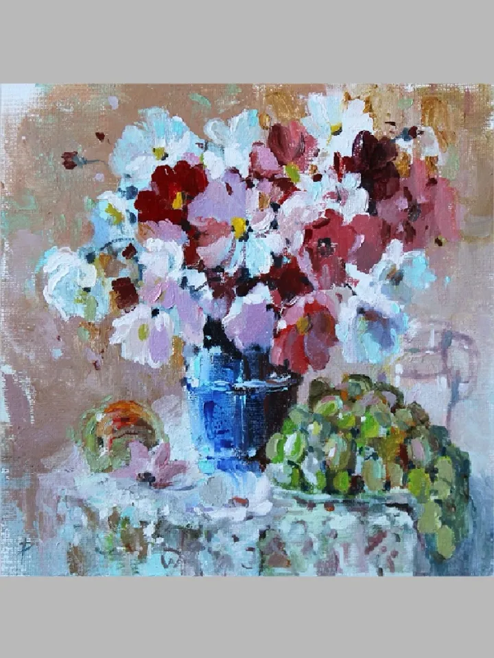 Oil painting red and white cosmes and grapes. Still life 7.8x7.8" Canvas on cardboard.
