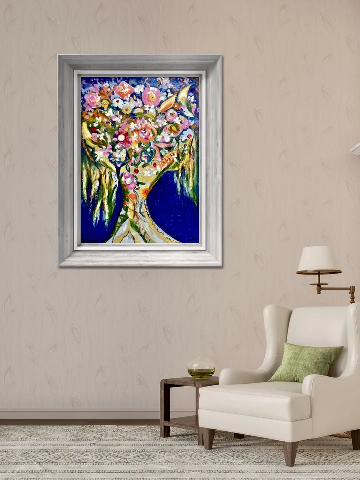 Del fondo de mi corazon, original oil mix media painting on large canvas,fantasy flowers painting,colourful wall hanging,unique gift.