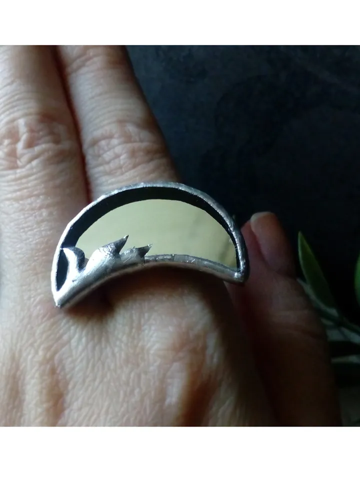 Mirror crescent ring, moon ring, stained glass ring, protection ring, Halloween ring, witchy aesthetic, soldered ring