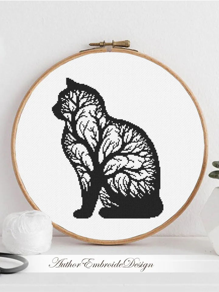 Cat tree silhouette cross stitch pattern PDF download Cat cross stitch chart, Simple pattern digital PDF for beginner, Tree of life cat #K55