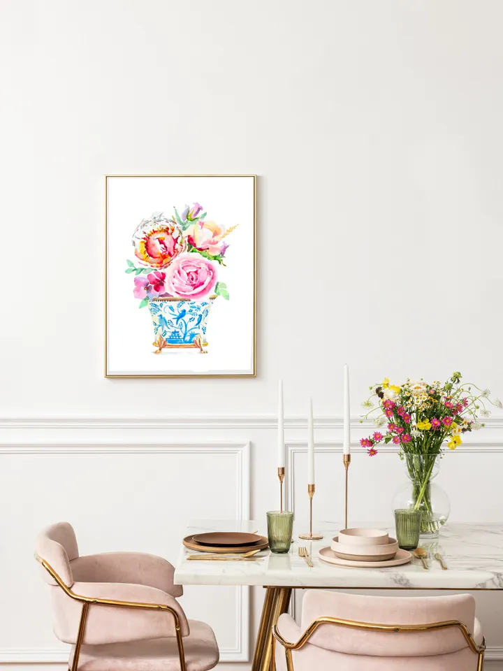 Watercolor Flowers Chinoiserie Home Decor Wall Art Flower Wall Art Flower Illustration Watercolor Pions Bleu White Decor Asian Vases Print