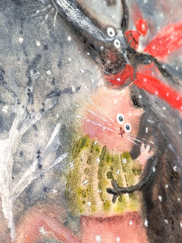 27×27cm Artwork by Julia Schigal "Winter Love" - watercolor, gouache, pastel