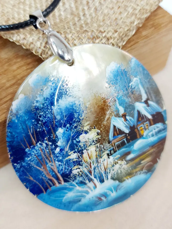 Nice Pendant Winter landscape. Village. Mother-of-pearl Russian hand painting. Hand-painted necklace pendant. Miniature painting