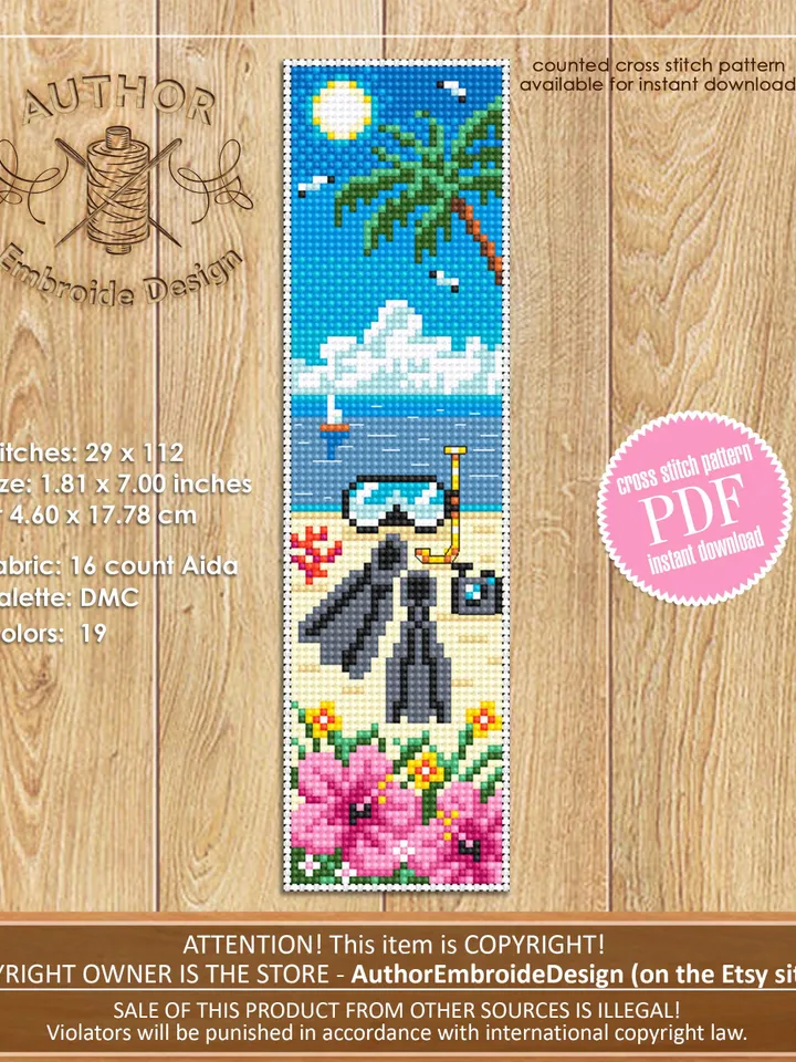 Beach bookmarks cross stitch pattern PDF download Summer cross stitch chart, Summer bookmark set pattern digital PDF Beach life Hawaii #B436