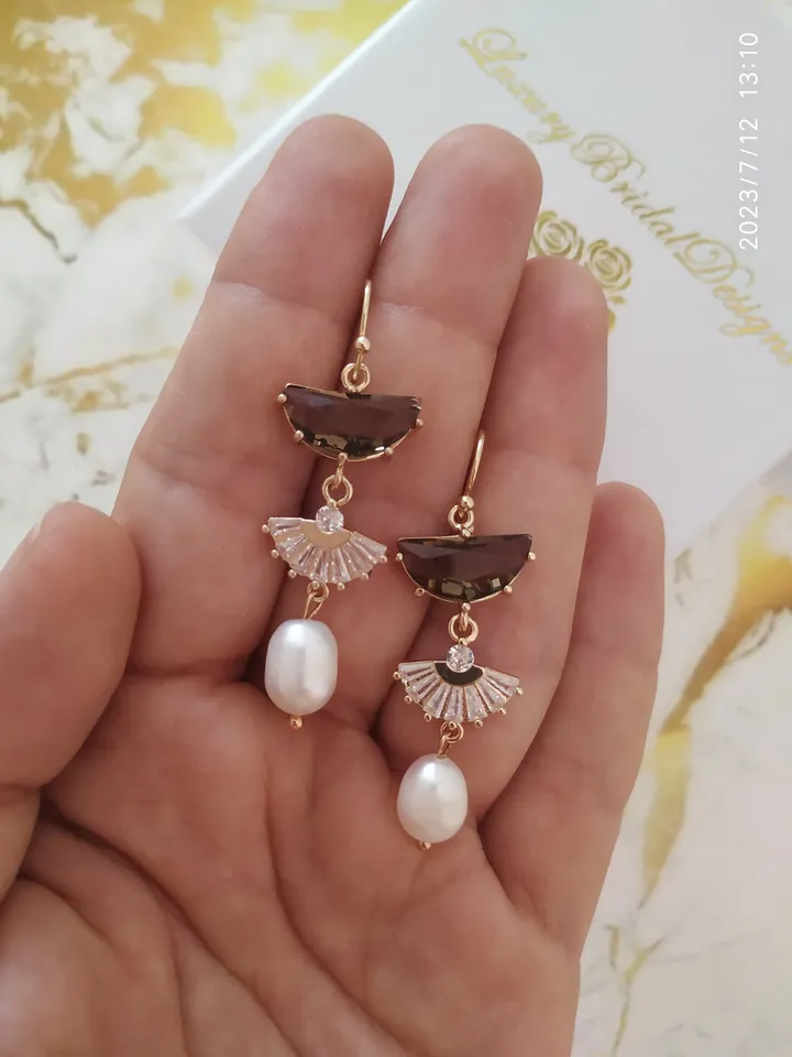 Art deco Wedding Earrings For Bride, Freshwater Pearl Boho Bridal Earrings, Vintage Style, Statement Earrings, Fan Earrings, Boho Jewelry