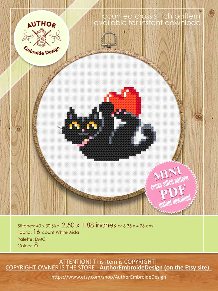 Set Cat valentines day cross stitch pattern download PDF Cute black cat cross stitch chart, Funny cat valentine cross stitch, Cat lover #T10