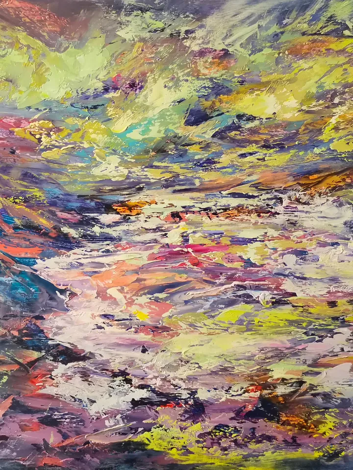 Stream River Mountains Original Oil Painting Borealis Aurora Artist Svinar Oksana