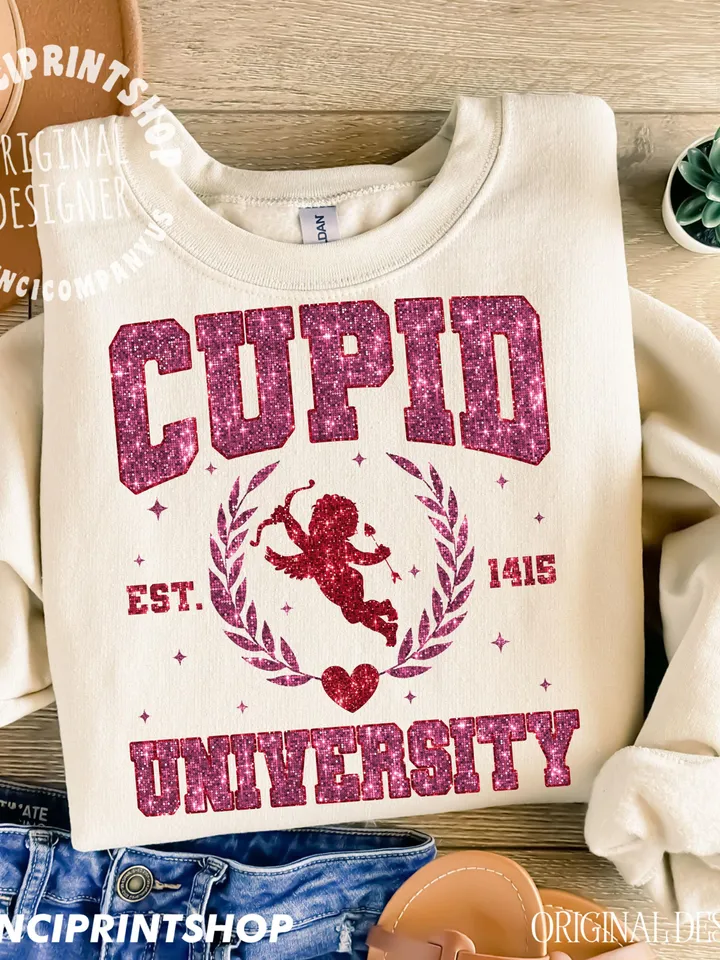 Glitter Cupid University PNG, Valentines Day T Shirt Sublimation, Retro Valentines png, Love Sublimation, Cupid png, Heart png, Valentines