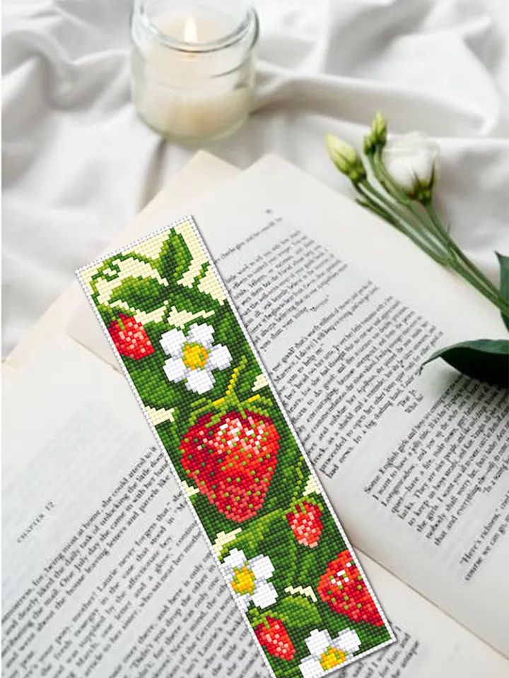 Strawberry bookmark cross stitch pattern download PDF Red berries cross stitch chart, Digital bookmark fruit, Strawberry pattern PDF #B149