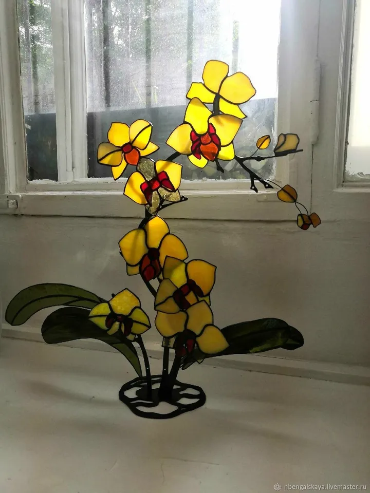 Yellow Orchids Stained Glass. Bouquet in Tiffany Technique, Yellow Orchids. Bouquet in Tiffany Stained Glass Technique, Stained Glass Yellow Orchids, Bouquet in Tiffany Stained Glass Technique