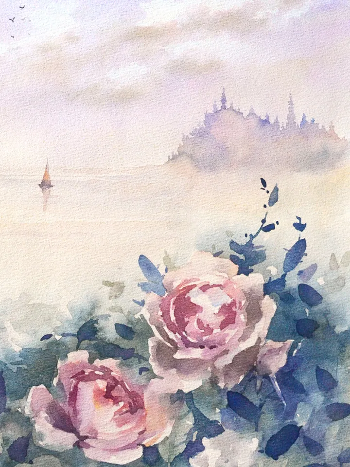 Fantasy seascape painting Original art Castle, roses and sea Watercolor by Yulia Evsyukova