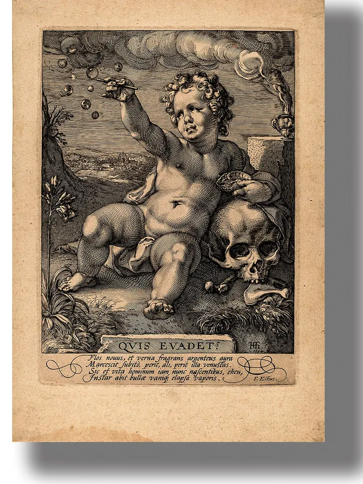 Quis evadet. All comes to the end. Allegory of the frailty of human life.
