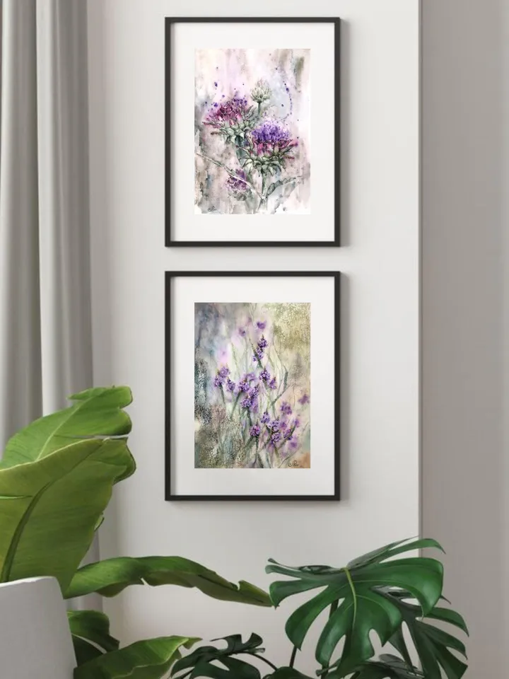 Flowers Watercolor Painting Floral Set of 2 Prints Wildflowers Wall art  Flowers Prints Artichoke Art