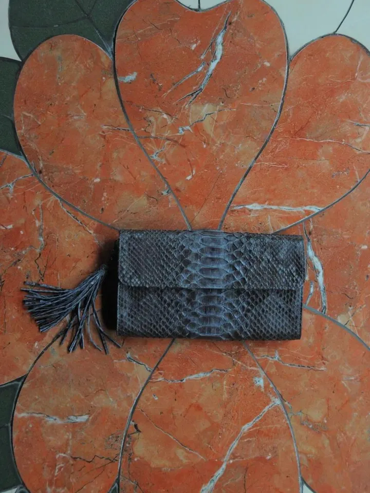 Genuine python skin classy gray flat clutch with shoulder chain | elegant evening women purse | designer leather bags | small snake bag