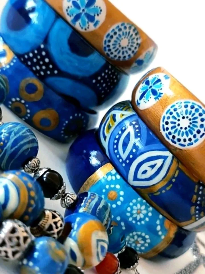 Jewelry Set Hand-painted Boho Style Eclectic Blue Bracelets and Beads