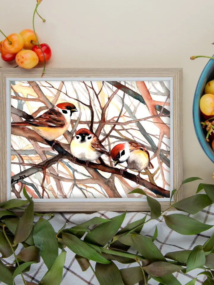 The birds i love original watercolor sparrows painting 8x11 in, sparrows on a branch art for birds lovers by Anne Gorywine