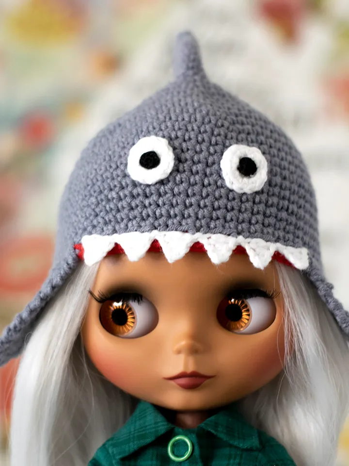 Shark hat for Blythe doll, Pullip doll, Icy doll, animals hat with ears for Halloween, crochet accessories for dolls