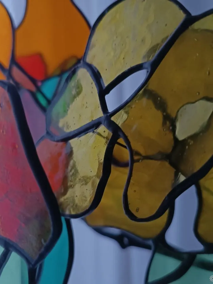 Yellow-Orange 3D Stained Glass Branch, 3D Branch in Yellow and Orange Tones, Handmade Stained Glass Floral Accent, Tiffany Glass Floral Twig in Warm Tones, Multilayer Yellow and Orange Stained Glass Stem, Artistic 3D Glass Flower Composition