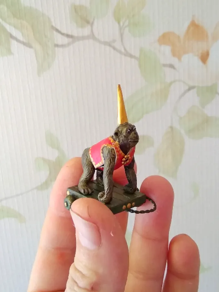 Monkey on a trolley. Wine toy for a doll.1:12 scale.