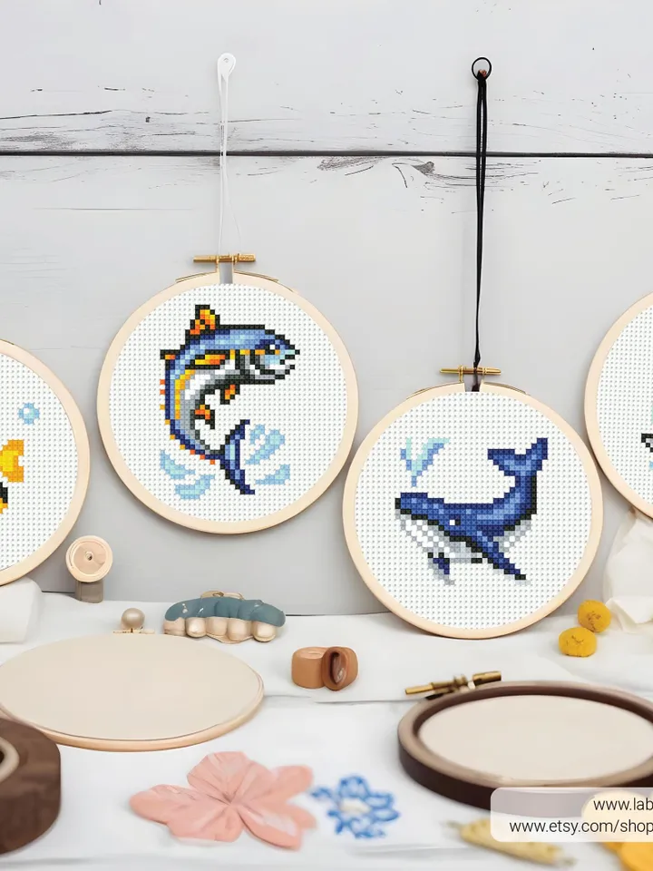 Bundle mini Fishes 8 Cross stitch patterns, contemporary, Abstract, 3 inches, beginner, modern chart, gift DIY, embroidery, instant PDF