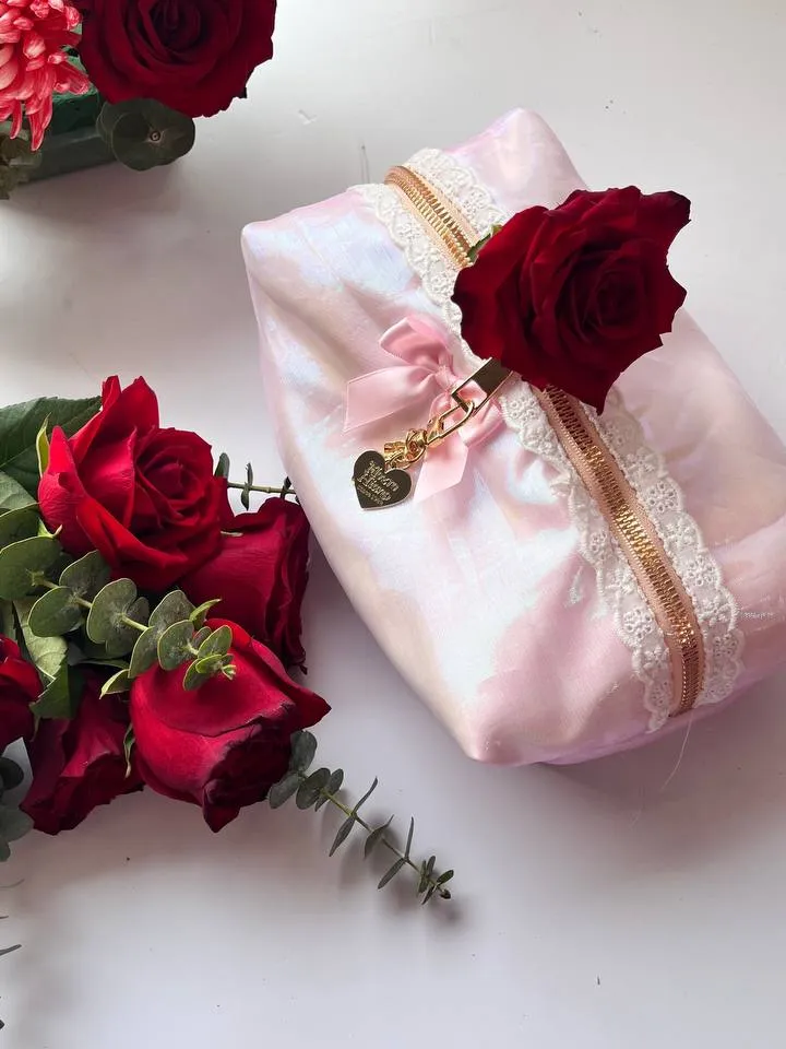 Princess Bow Makeup Bag, Girly cosmetic bag, personal items holder, with a cute lace detail