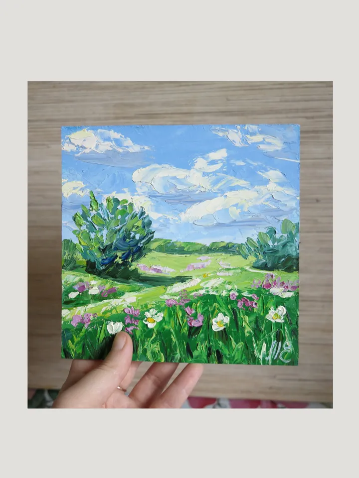 Original Oil Painting Green Field with Flowers and Blue Sky Palette Knife Art Blooming Meadow with Clouds on Blue Sky Mini Artwork
