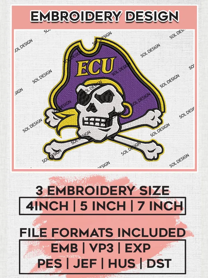 East Carolina Pirates Logo Machine Embroidery Design, NCAA East Carolina Pirates Embroidery Design Design files, NCAA Embroidery Designs, NCAA Machine Embroidery Designs, Digital Download