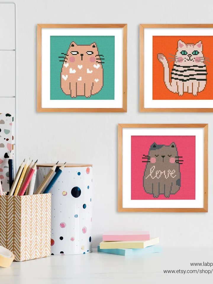 Bundle Cat 5 Cross stitch patterns, contemporary, Pet, Animal, Abstract, beginner counted, digital PDF, gift DIY, embroidery, instant PDF