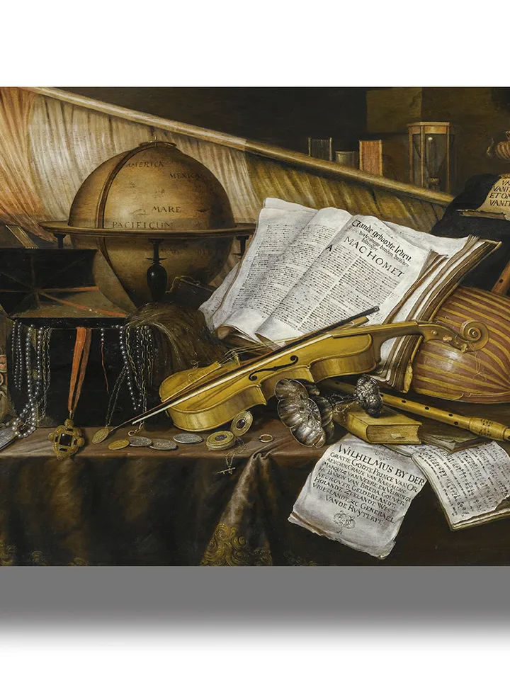 Vanitas Still life with a globe, hourglass, musical instruments and other symbols of human futility.