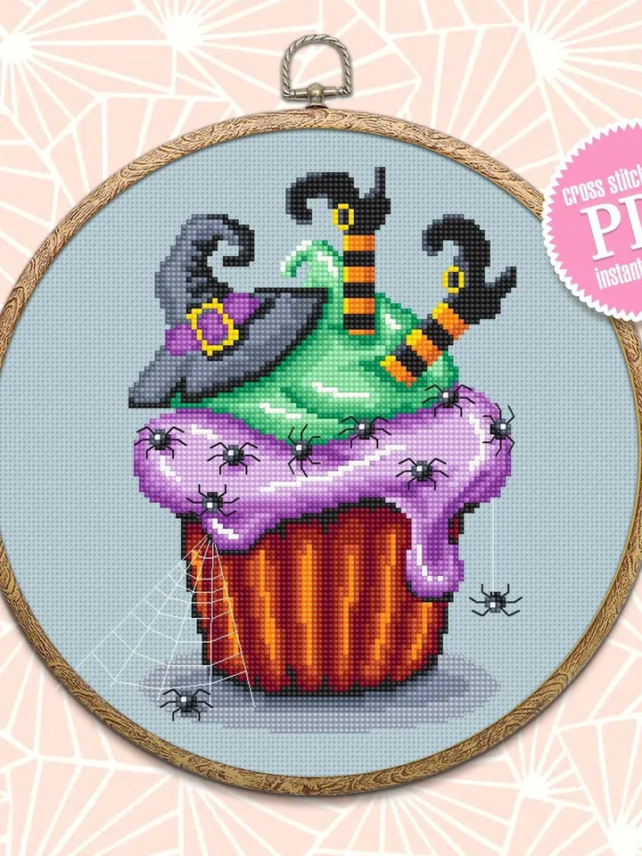 Halloween cupcake cross stitch pattern download PDF Witch cross stitch Dessert Beginner stitch Cute Halloween embroidery Sweet food #H15