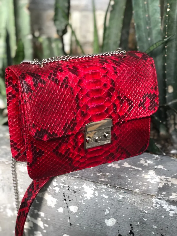 Red Genuine Python Skin Bag Purse Chain Crossbody | Classy elegant red leather bag | Handmade designer Bag | Exotic skin bags | Red bag